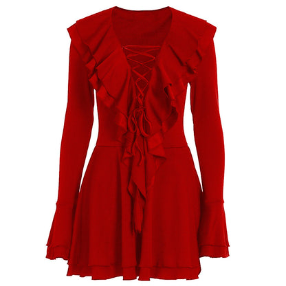 Long flared sleeve ruffle lace up solid mini dress  | Festival Outfits Women