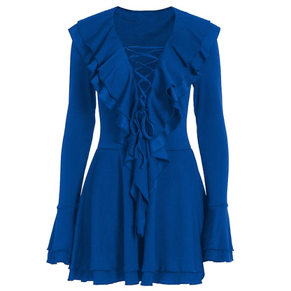 Long flared sleeve ruffle lace up solid mini dress  | Festival Outfits Women