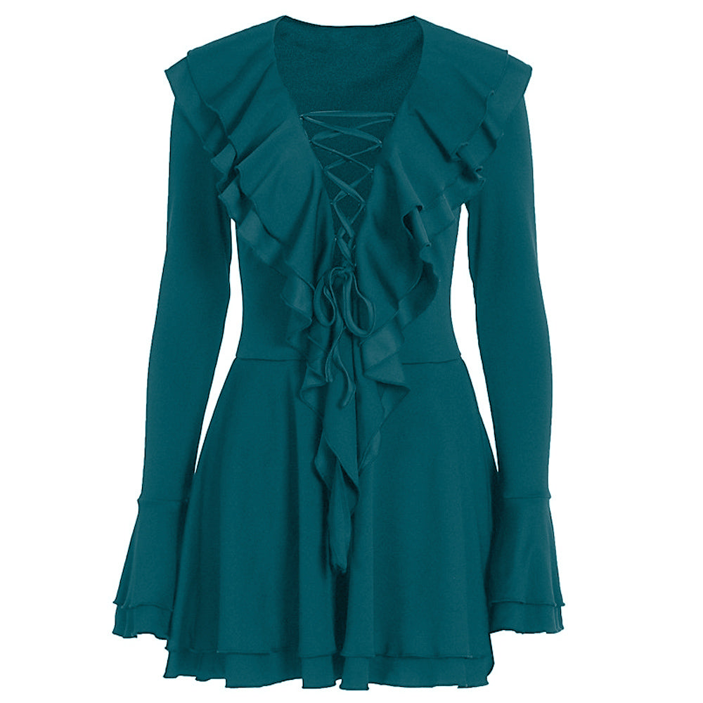 Long flared sleeve ruffle lace up solid mini dress  | Festival Outfits Women