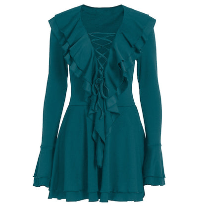 Long flared sleeve ruffle lace up solid mini dress  | Festival Outfits Women