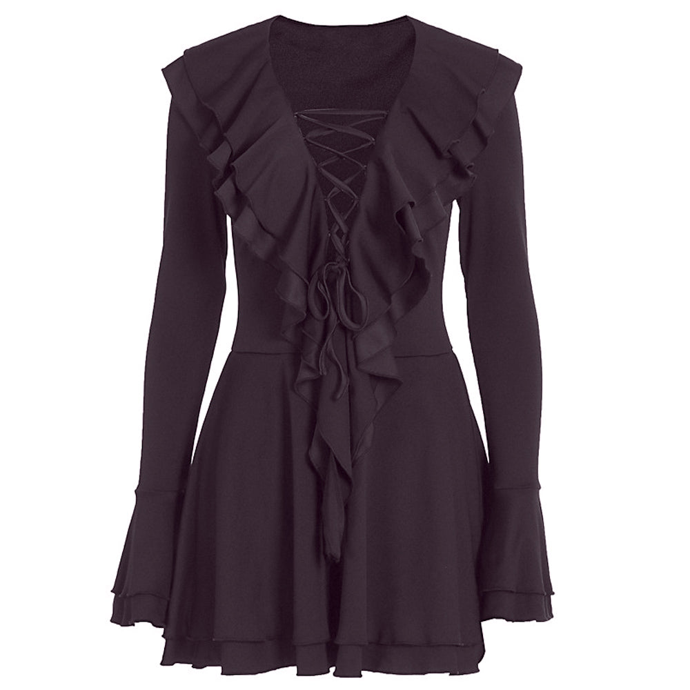Long flared sleeve ruffle lace up solid mini dress  | Festival Outfits Women