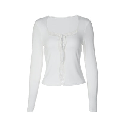 Long sleeve lace hem solid self tie top  | Festival Outfits Women