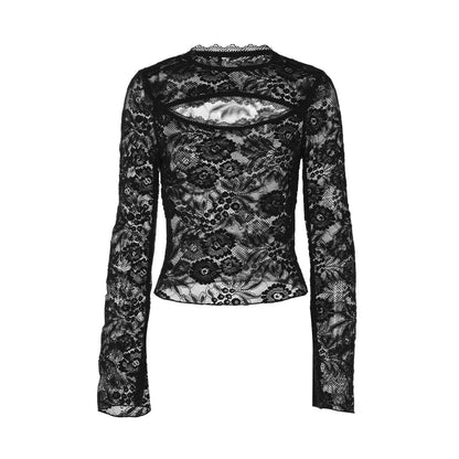 Lace hollow out long sleeve see through top  | Festival Outfits Women