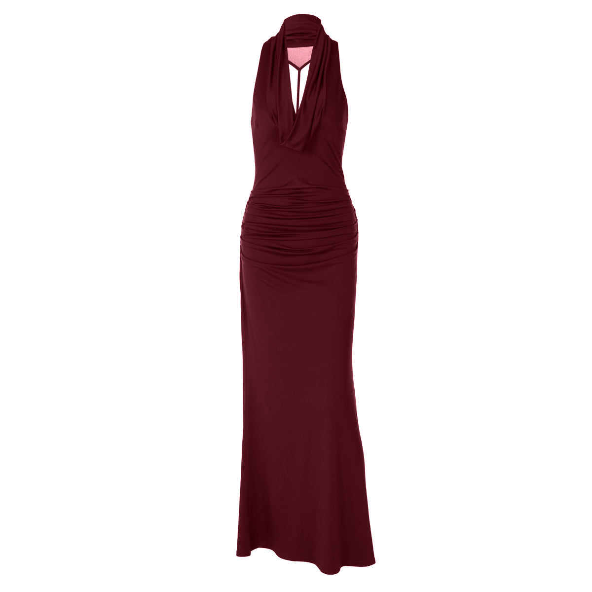 Ruched cowl neck backless solid maxi dress  | Festival Outfits Women