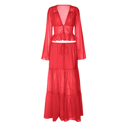 Long sleeve v neck button chiffon lace maxi skirt set  | Festival Outfits Women