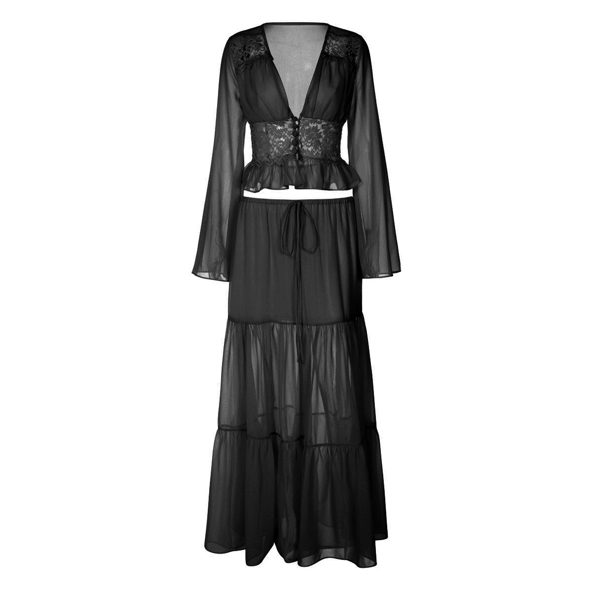 Long sleeve v neck button chiffon lace maxi skirt set  | Festival Outfits Women