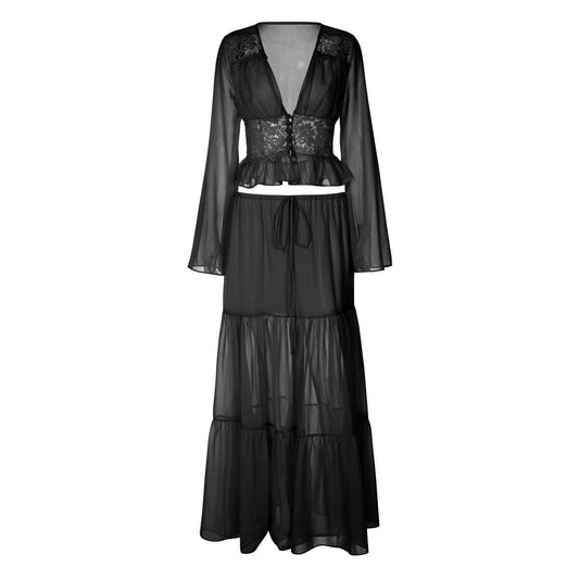 Long sleeve v neck button chiffon lace maxi skirt set  | Festival Outfits Women