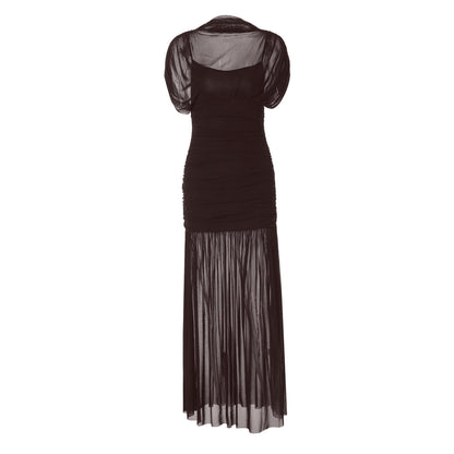 Mesh ruched short sleeve solid maxi dress  | Festival Outfits Women