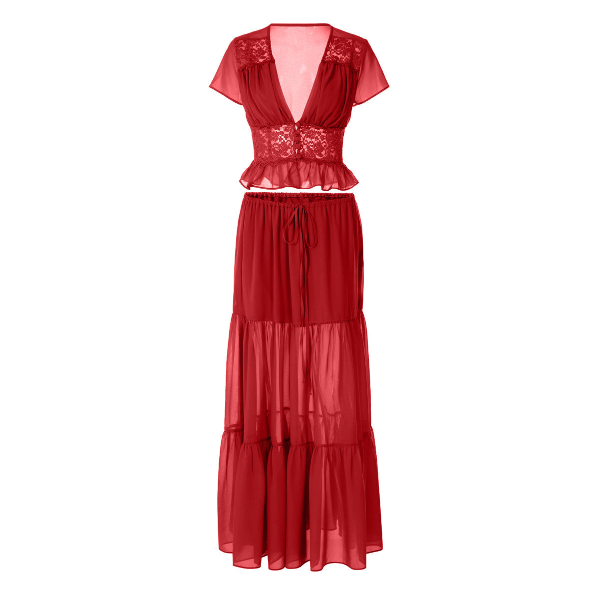 Short sleeve v neck ruched lace chiffon maxi skirt set  | Festival Outfits Women