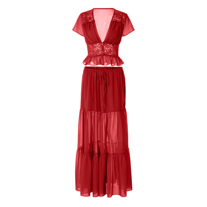 Short sleeve v neck ruched lace chiffon maxi skirt set  | Festival Outfits Women