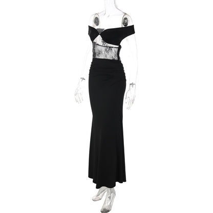 Off shoulder lace zip-up ruched solid maxi dress  | Festival Outfits Women