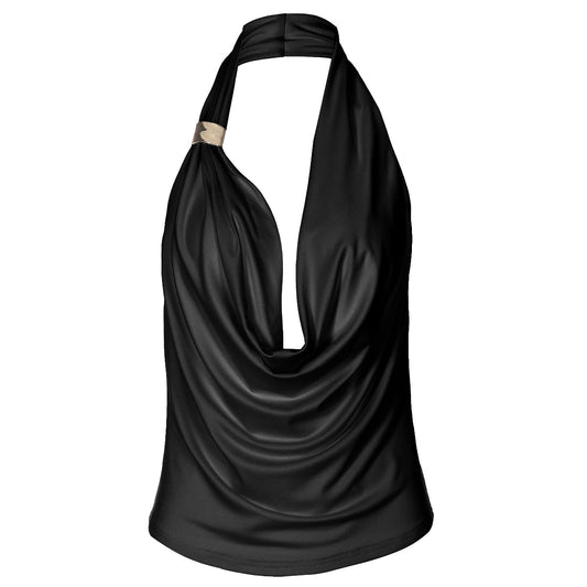 Cowl neck halter irregular solid backless top  | Festival Outfits Women