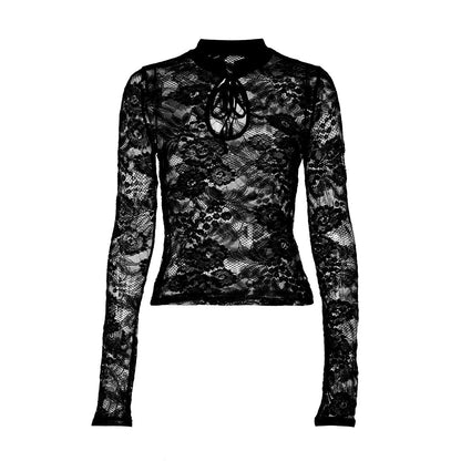 Long sleeve lace hollow out self tie see through top  | Festival Outfits Women