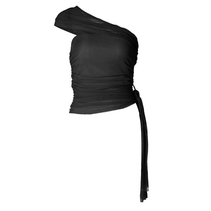 Ruched one shoulder irregular mesh solid top  | Festival Outfits Women