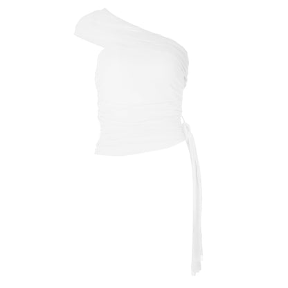 Ruched one shoulder irregular mesh solid top  | Festival Outfits Women