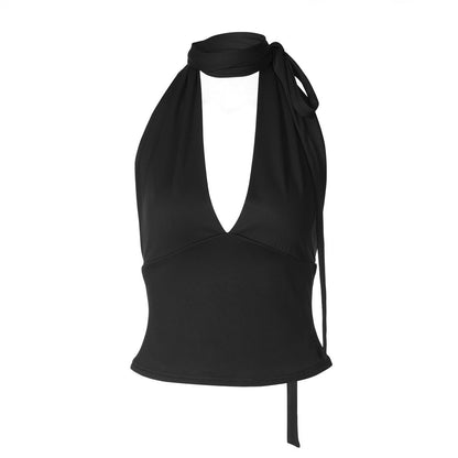 Halter self tie v neck backless solid top  | Festival Outfits Women