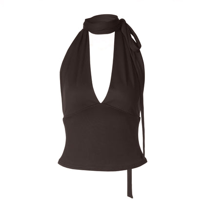 Halter self tie v neck backless solid top  | Festival Outfits Women