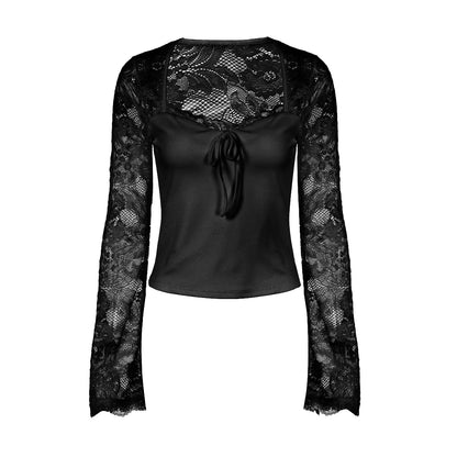 Long sleeve lace self tie solid patchwork top  | Festival Outfits Women