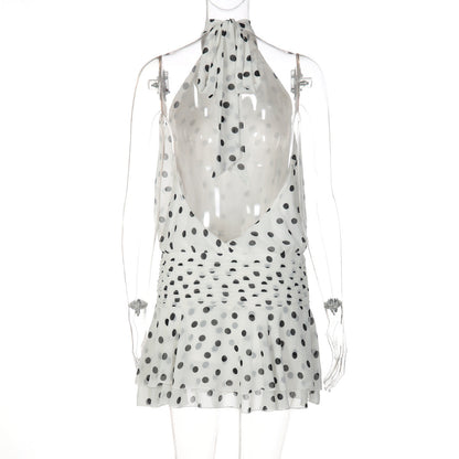 Polka dot halter self tie pleated backless mini dress  | Festival Outfits Women