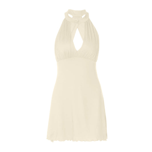 Hollow out ruffle button solid backless mini dress  | Festival Outfits Women