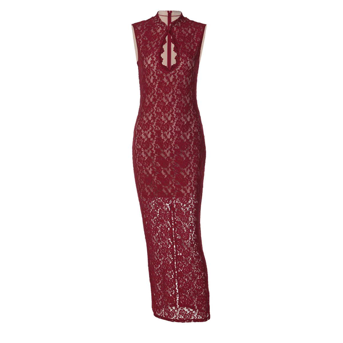 Lace hollow out slit sleeveless zip-up maxi dress  | Festival Outfits Women