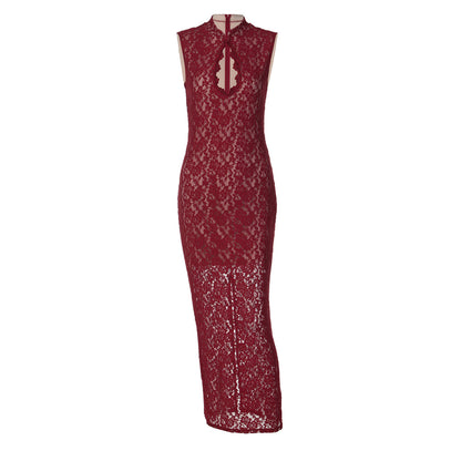 Lace hollow out slit sleeveless zip-up maxi dress  | Festival Outfits Women
