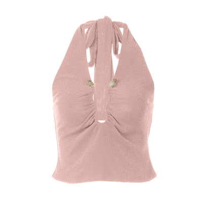 Ruched halter self tie v neck backless top  | Festival Outfits Women