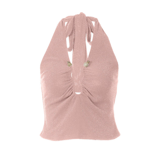 Ruched halter self tie v neck backless top  | Festival Outfits Women