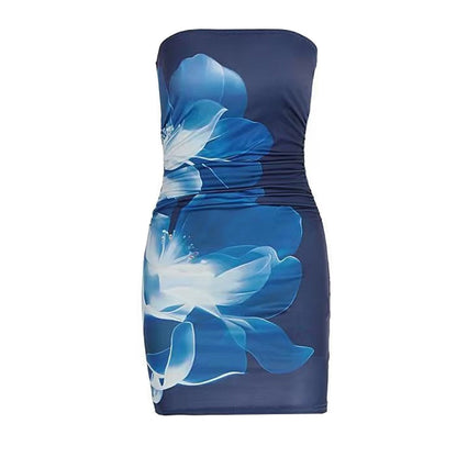 Ruched print contrast backless tube mini dress  | Festival Outfits Women