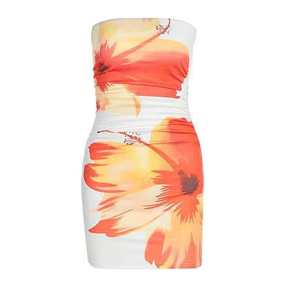 Ruched print contrast backless tube mini dress  | Festival Outfits Women