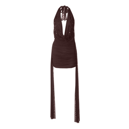 Halter cowl neck self tie water drop applique mini dress  | Festival Outfits Women