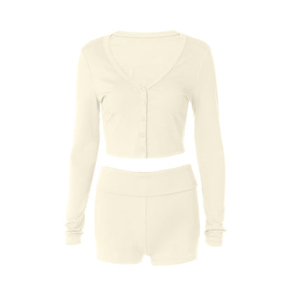 Ribbed long sleeve button v neck low rise pant set  | Festival Outfits Women
