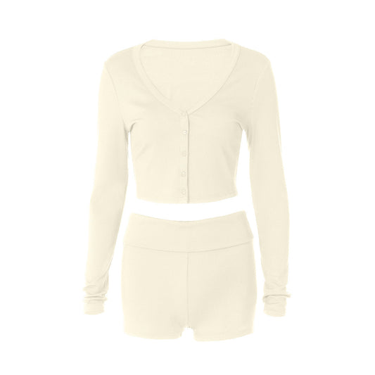 Ribbed long sleeve button v neck low rise pant set  | Festival Outfits Women