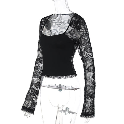 Lace hollow out long sleeve solid top  | Festival Outfits Women