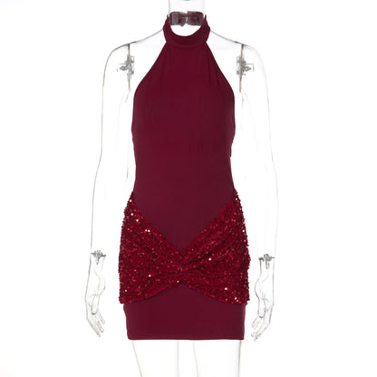 Glitter ruched button halter backless mini dress  | Festival Outfits Women