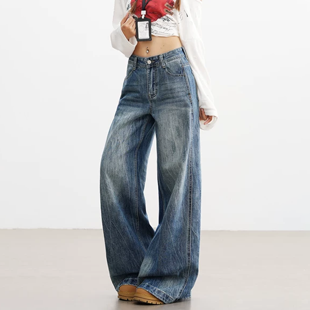 Lightning pattern button zip-up low rise straight leg | Baggy Low Rise Jeans  | Festival Outfits Women