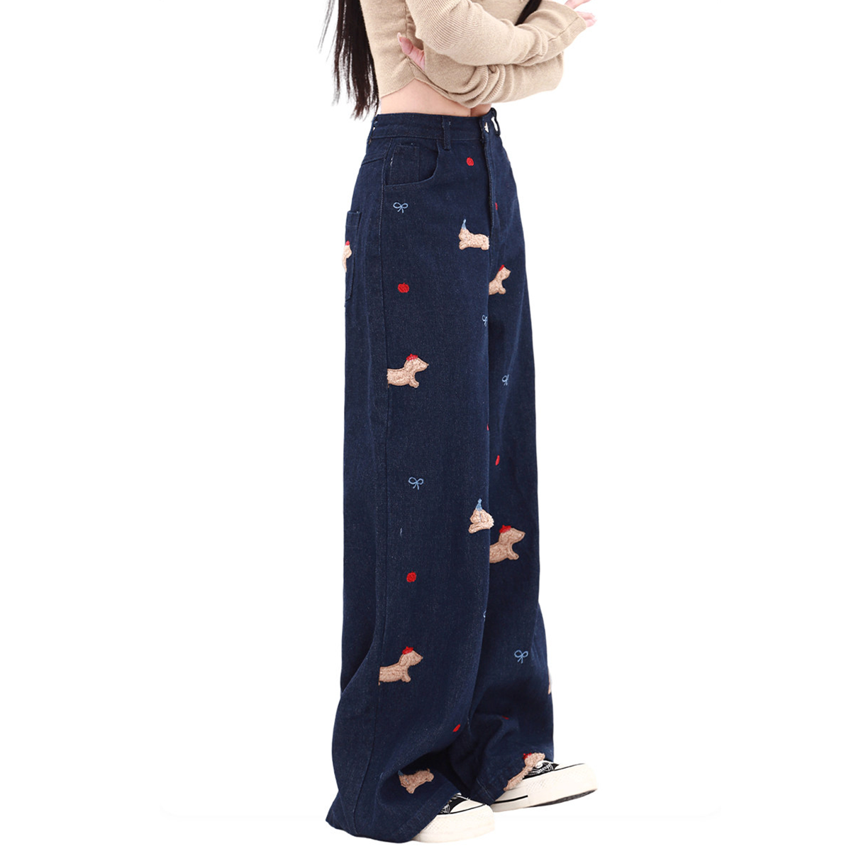 Bowknot embroidery button zip-up wide leg | Baggy Low Rise Jeans  | Festival Outfits Women