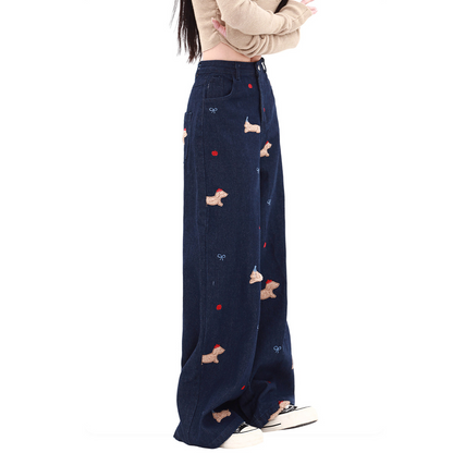 Bowknot embroidery button zip-up wide leg | Baggy Low Rise Jeans  | Festival Outfits Women