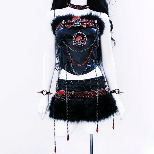 Metal chain fluffy PU leather o ring skull applique top  | Festival Outfits Women