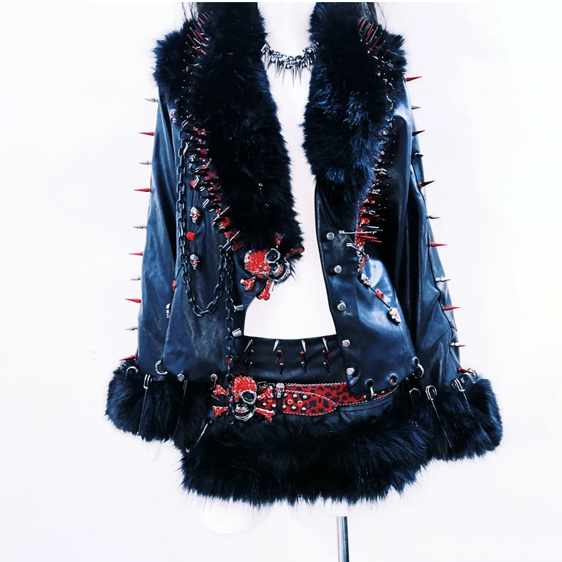 Fluffy long sleeve PU leather metal chain rivet applique top  | Festival Outfits Women
