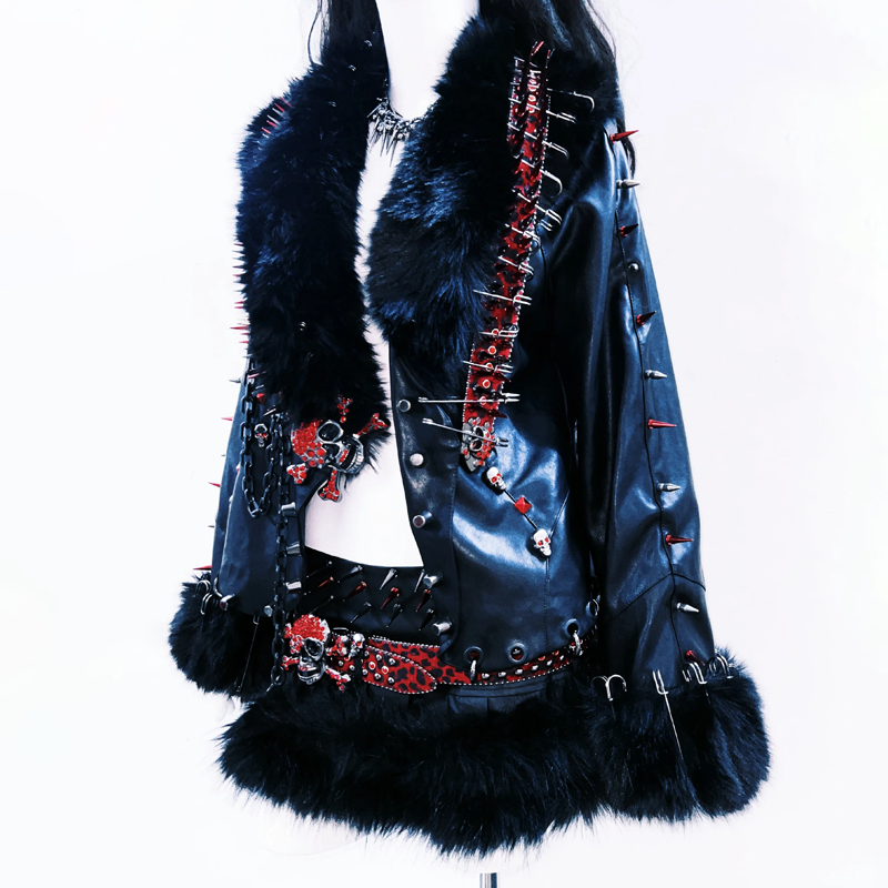 Fluffy long sleeve PU leather metal chain rivet applique top  | Festival Outfits Women