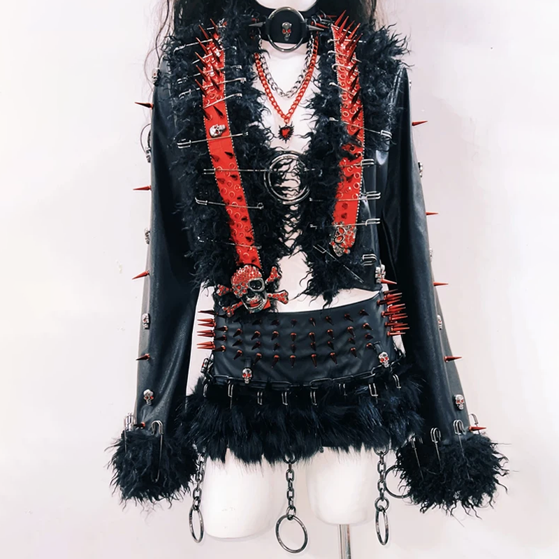 PU leather long sleeve rivet applique fluffy top  | Festival Outfits Women