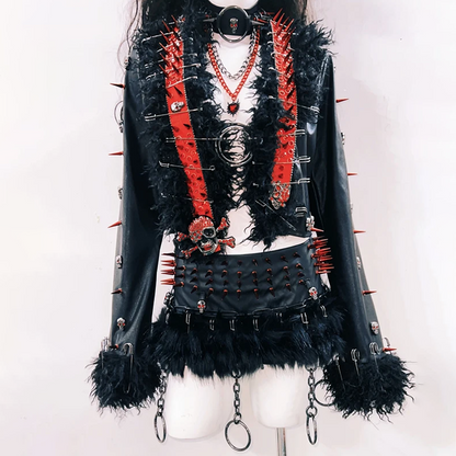PU leather long sleeve rivet applique fluffy top  | Festival Outfits Women