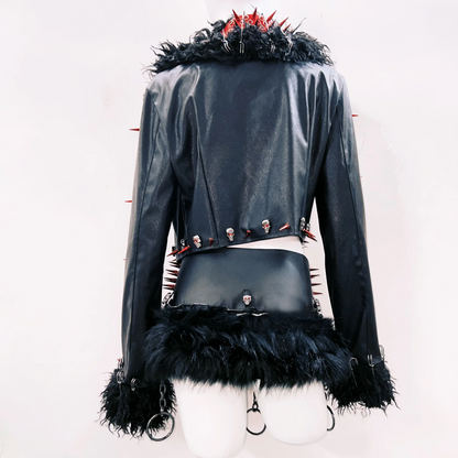 PU leather long sleeve rivet applique fluffy top  | Festival Outfits Women