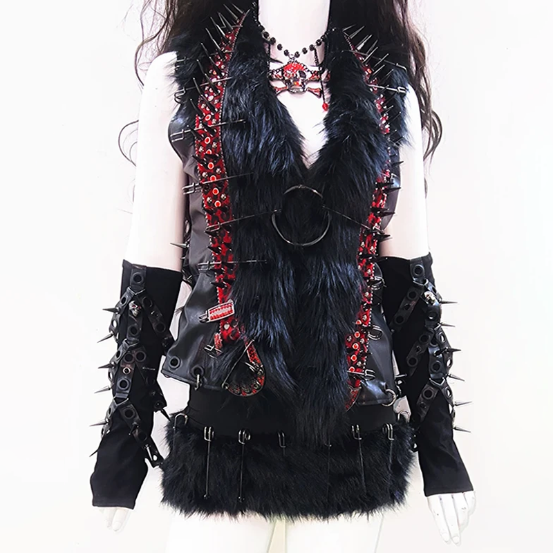 Fluffy rivet applique PU leather v neck o ring top  | Festival Outfits Women