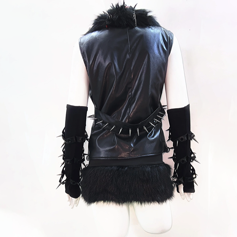Fluffy rivet applique PU leather v neck o ring top  | Festival Outfits Women