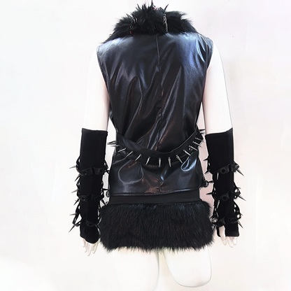 Fluffy rivet applique PU leather v neck o ring top  | Festival Outfits Women