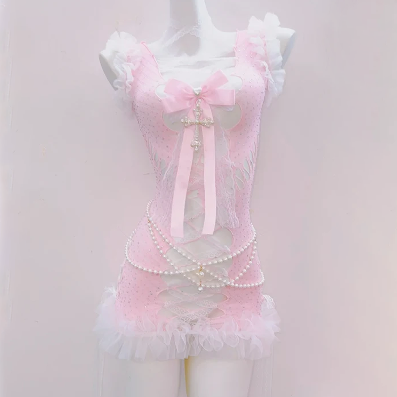 Bowknot cross applique ruffle hollow out beaded mini dress | Pastel Goth  | Festival Outfits Women