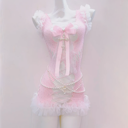 Bowknot cross applique ruffle hollow out beaded mini dress | Pastel Goth  | Festival Outfits Women