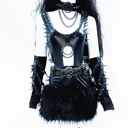PU leather u neck rivet applique o ring hollow out bodysuit  | Festival Outfits Women